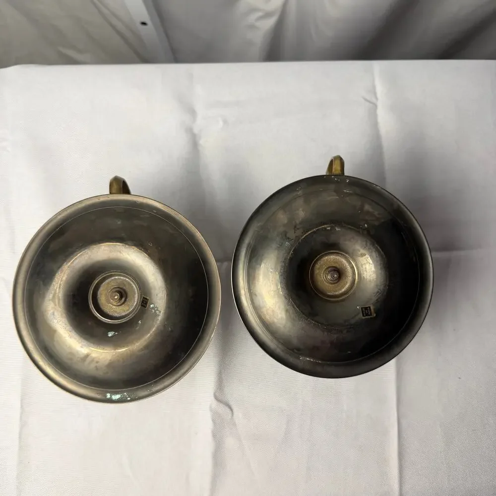 VTG Pair Brass Chamberstick Candle Holders Mosaic Inlay India Finger Loop Global